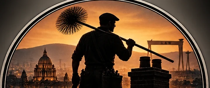 Illustrated chimney sweep against a Belfast-inspired skyline